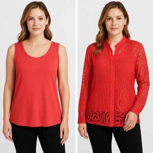 Samantha Grey Red 2pc Blouse Set –‎ Sleeveless Tank & Sheer Button-Down Cover-Up